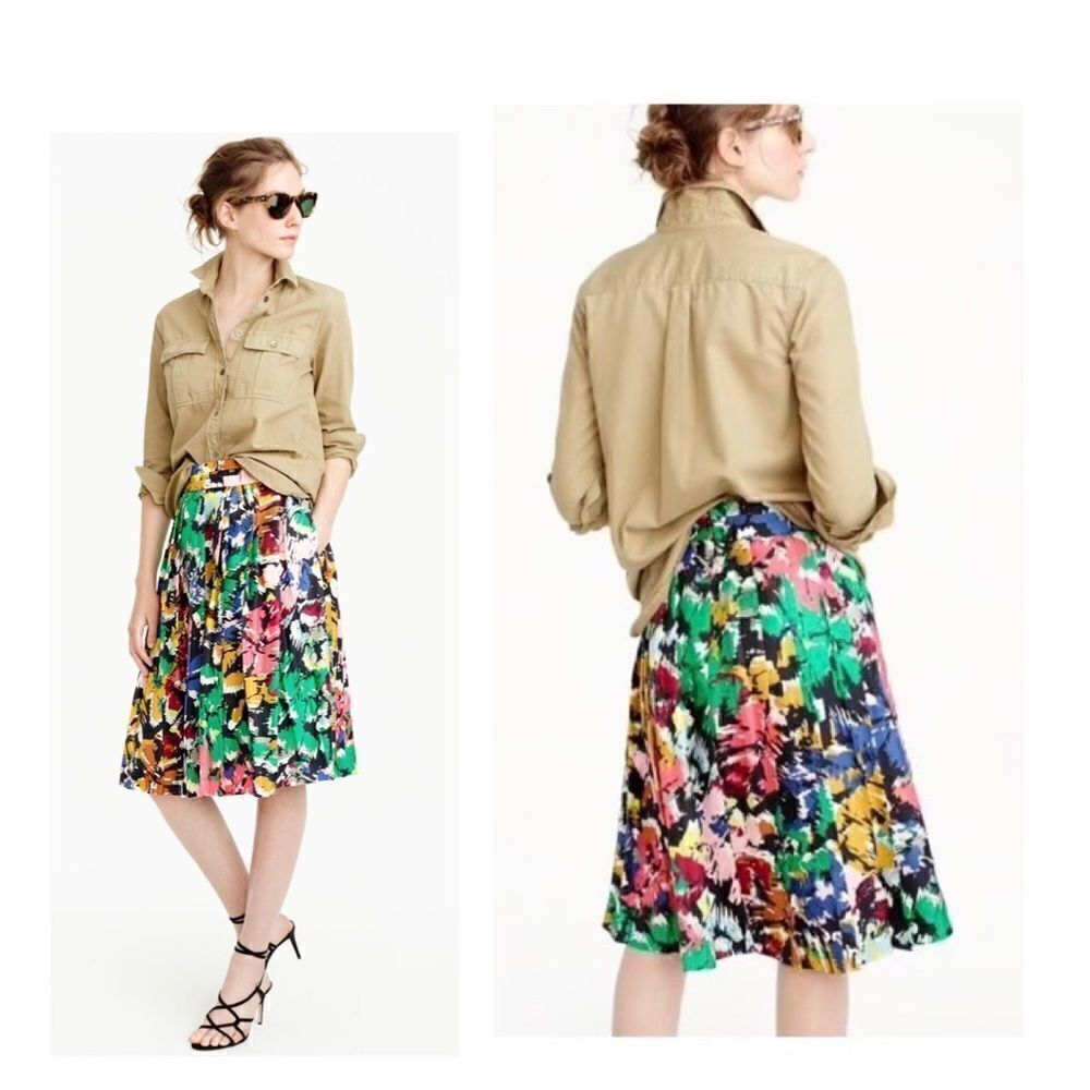 J. Crew Silk brushstroke floral Print Pleated MIDI Skirt